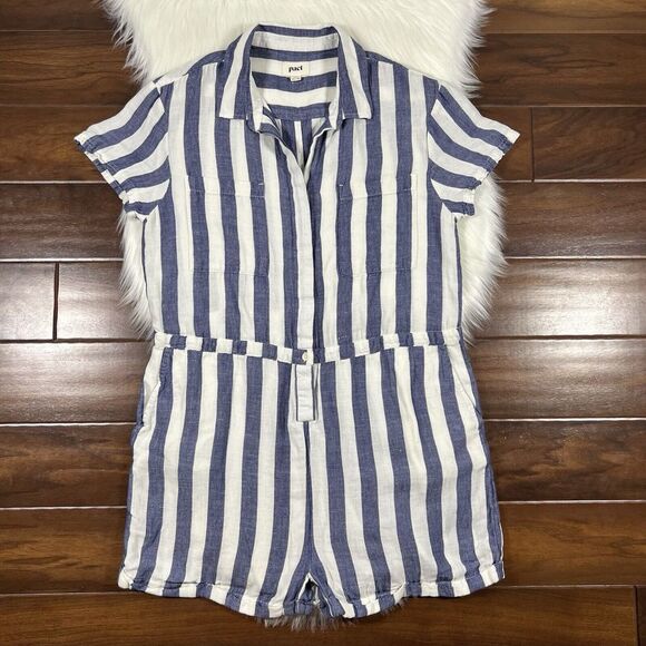 Pact Women's Size Large‎ Blue White Mariner Stripe The Harbor Short Romper - Picture 1 of 10